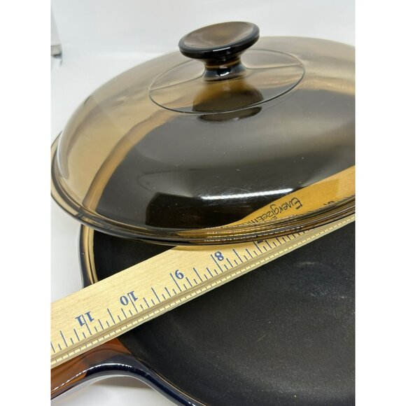 VTG CorningWare Visions Amber Brown Glass Skillet w/ Lid Teflon Coated 3.75"x11" - Picture 10 of 10